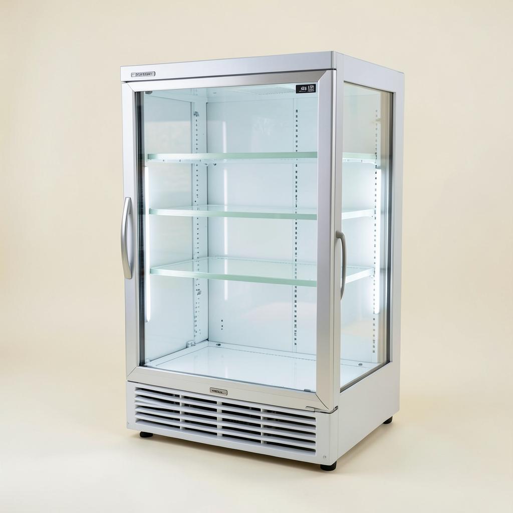 Balcão refrigerado de vidro usado em comércio